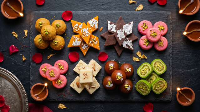 Indian mithai sweets overhead flat lay with golden laddoo orange barfi kaju katli gulab jamun peda coconut barfi pista roll clay diyas rose petals saffron on dark slate