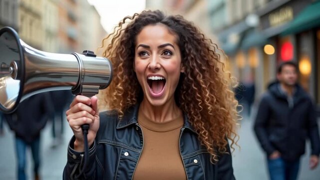 Woman with curly hair enthusiastically holds a megaphone while shouting in a busy urban street, people walking in the background, shops lining the street