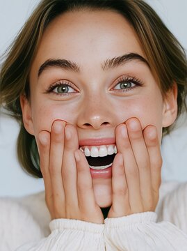 Young Caucasian woman with bright green eyes and a joyful expression, hands on her cheeks, wearing a light sweater against a soft background