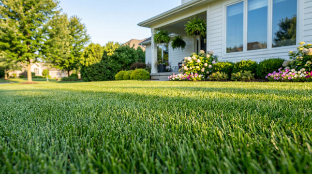 Lush Green Lawn in Front of a Beautiful Suburban Home