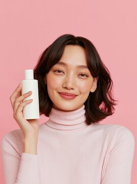 Young East Asian woman holding a white cosmetic bottle while smiling, wearing a light pink turtleneck sweater against a solid pink background