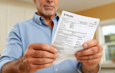 Naklejka premium Middle-aged man examines ledger displaying losses next to grocery receipt in a cozy home kitchen during daylight hours