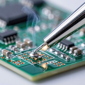 Close Up of Solder Joint and Tool on Electronic Circuit Board
