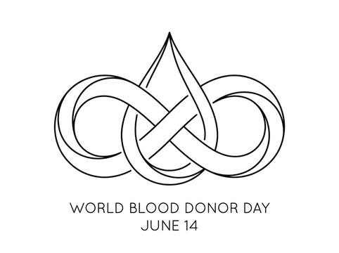World blood donor day june 14, infinity symbol with blood drop, endless giving.