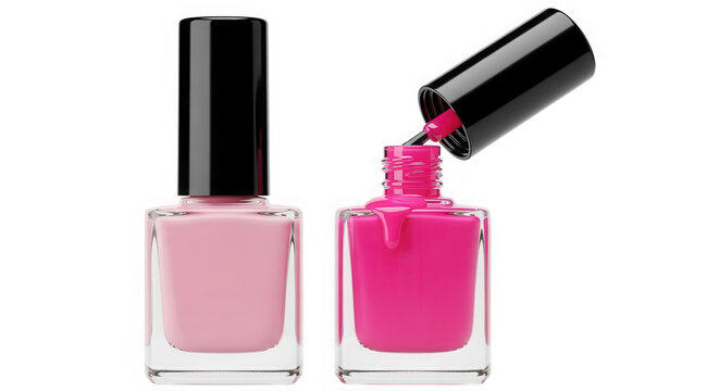 Pink and bright red nail polish bottles with dripping liquid isolated on transparent background