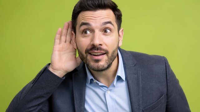 Man in Suit Cups Ear Listening Intently with Wide Eyes, Expressing Curiosity and Interest, Isolated on Green Background