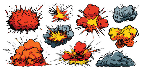 Set of colorful comic book explosion and blast effects for action graphic design © vintage style