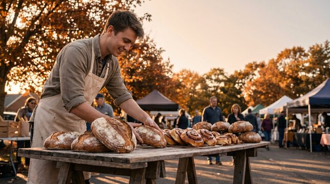 Young baker smiling proudly arranges fresh artisan bread and cinnamon rolls at vibrant outdoor farmers market during autumn golden hour