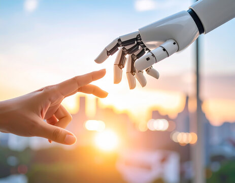 Menschliche Hand ber&uuml;hrt Roboterhand als Symbol f&uuml;r KI und digitale Zukunft