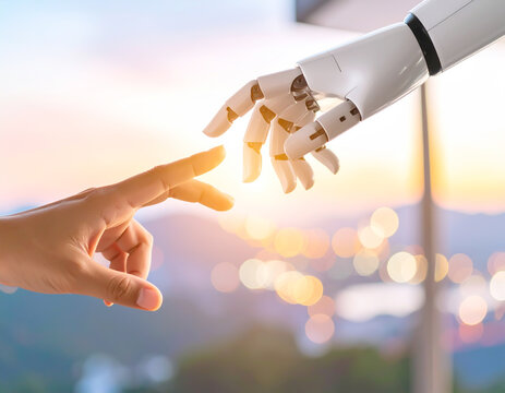 Menschliche Hand ber&uuml;hrt Roboterhand als Symbol f&uuml;r KI und digitale Zukunft