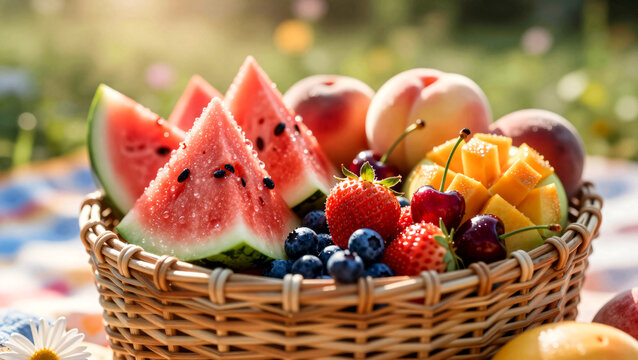 Frischer Obstkorb beim Picknick im Sommer