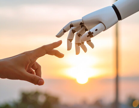 Menschliche Hand ber&uuml;hrt Roboterhand als Symbol f&uuml;r KI und digitale Zukunft