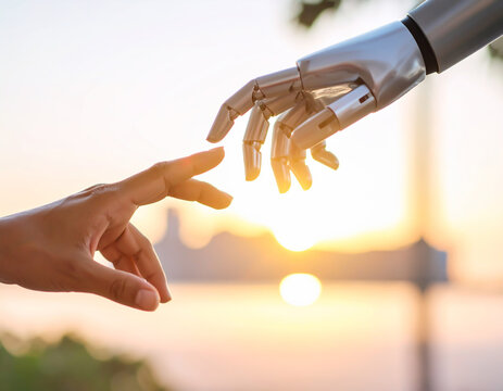 Menschliche Hand ber&uuml;hrt Roboterhand als Symbol f&uuml;r KI und digitale Zukunft