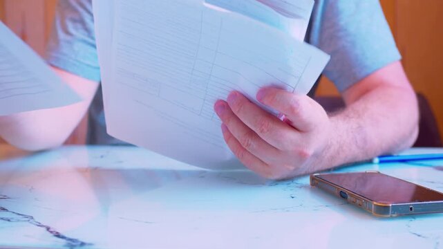 Low angle close-up of a man's hands holding and flipping through a stack of paper documents.Cinematic shot of a male silhouette leafing through a messy pile of paperwork in a home office.