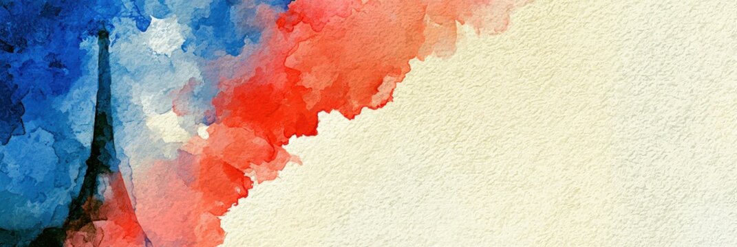 impressionist postcard template, july th impressionist watercolor postcard fluid cobalt blue, white, and madder red paint with faint eiffel tower silhouette empty cream space for text