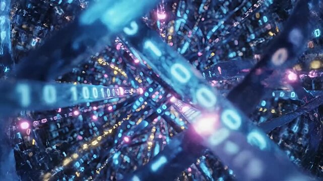 Abstract tunnel of binary code and digital data bits.