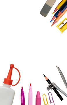 School supplies arranged on corners with large copy space pencils markers glue eraser compass and sharpener on transparent background. 
