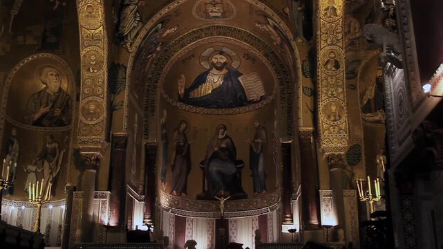Golden Mosaics of Christ Pantocrator inside the Historic Palatine Chapel - 4K