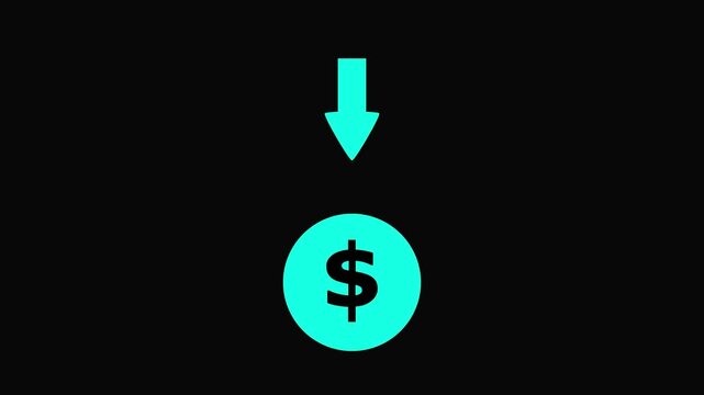 Finance money concept with dollar sign and downward arrow on black background currency.