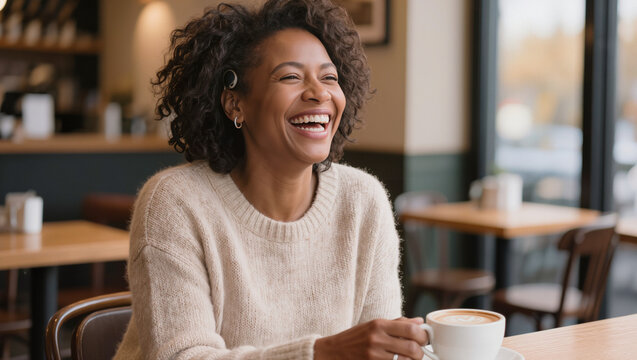 Happy woman with cochlear implant laughing in a cafe