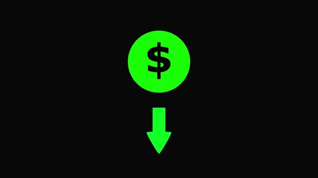 Green dollar sign with downward arrow symbolizing financial loss or decrease in wealth and savings on black background.