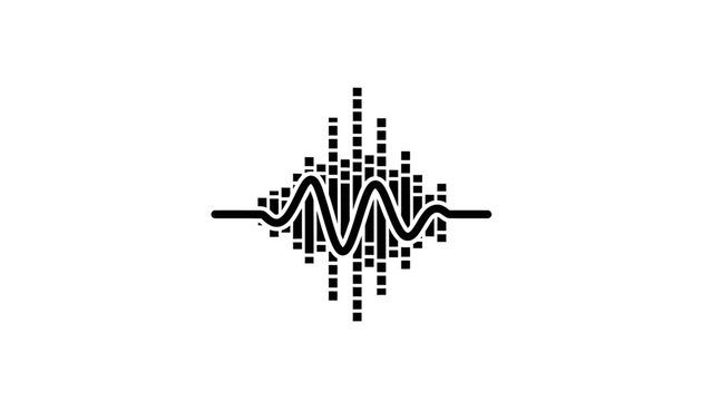 A black and white abstract representation of a sound wave or equalizer, with a central waveform surrounded by vertical bars.
