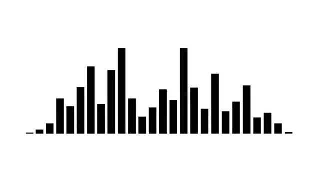 A black and white graphic representation of an audio waveform, displaying varying bar heights to indicate sound intensity.