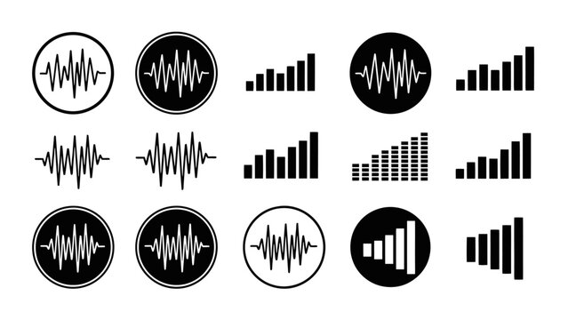 Collection of audio waveform and volume level icons, presented in various circular and bar graph formats, in black and white.