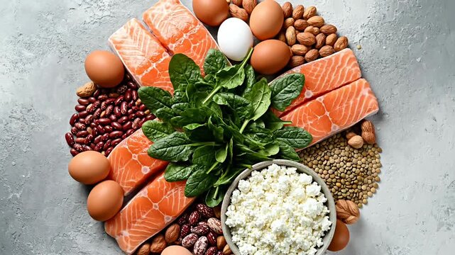 Assorted healthy protein sources arranged in a circular pattern.
