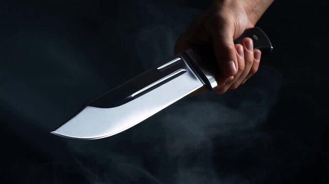 Slow motion tracking shot of hand gripping and angling large hunting knife with sweeping motion against smoky dark studio background