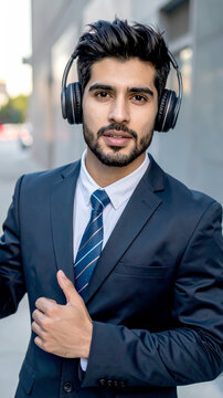 Business Mann mit Kopfh&ouml;rern tanzt 