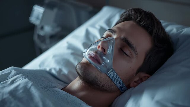 Young man sleeping in a hospital bed while wearing a transparent oxygen mask over his face