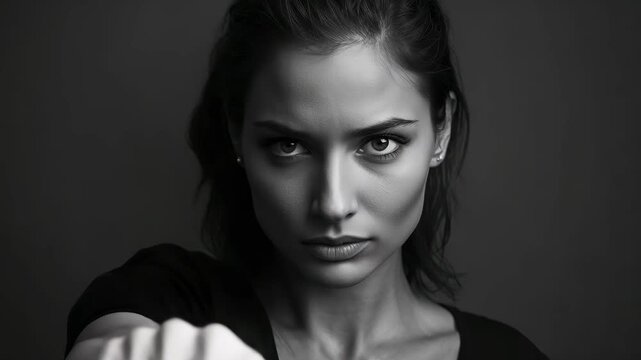 Black and white portrait of a young woman facing the camera with her clenched fist extended forward