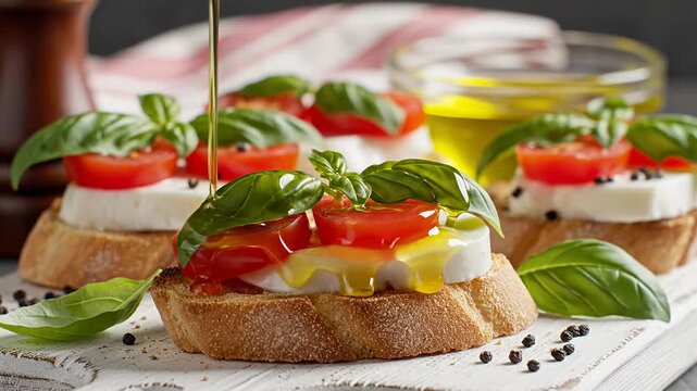 Fresh caprese bruschetta with mozzarella tomatoes and basil leaves.