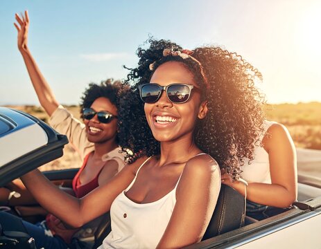 Three smiling young women joyride in a convertible on a sunny day with open top, arms up, sunglasses, natural hair