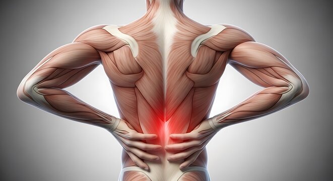 3D Illustration of Human Back Muscle Anatomy with Lower Back Pain