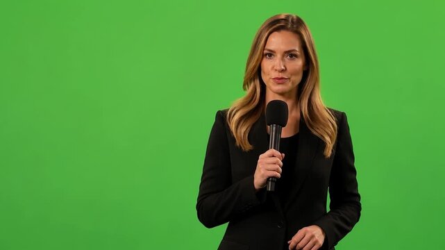 Confident Female News Anchor Delivers Report Holding Microphone On Green Screen Background
