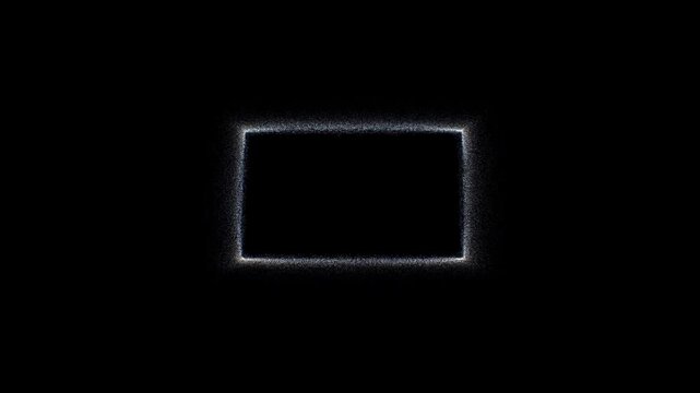 Zoom out of particle rectangle shrinking inward on black background in dark studio with glowing flickering edge outline