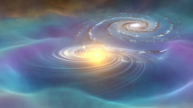 Slow zoom in on glowing galactic spiral swirling into luminous accretion disk over colorful nebula cloudscape