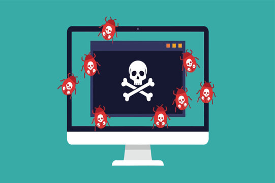 Computer monitor with skull and virus icons on screen