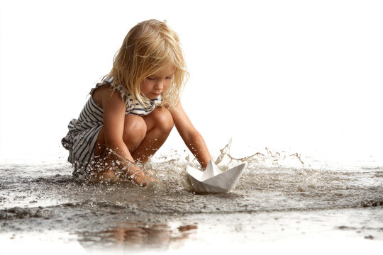 Child launching paper boat in a puddle. Space for text.