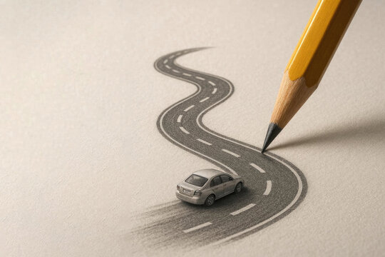 Pencil drawing a winding road for a small car. Space for text.