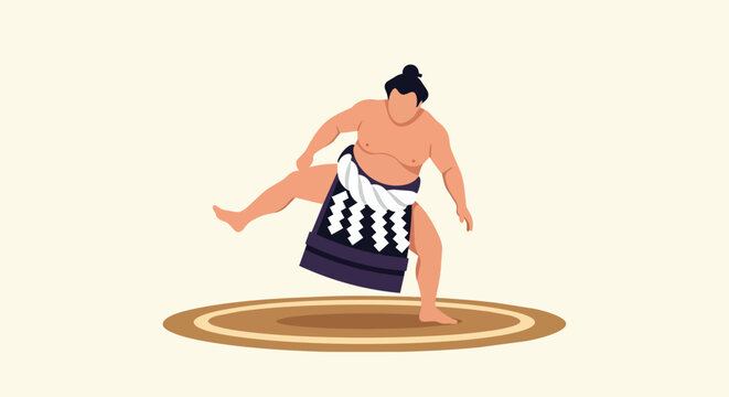 Professional Sumo Wrestler Performing Traditional Shiko Ritual Leg Stomp in Dohyo Arena, Japanese Cultural Sports Illustration