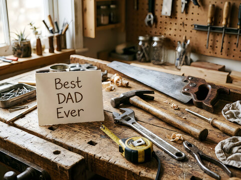 Best dad ever workshop scene with tools and card