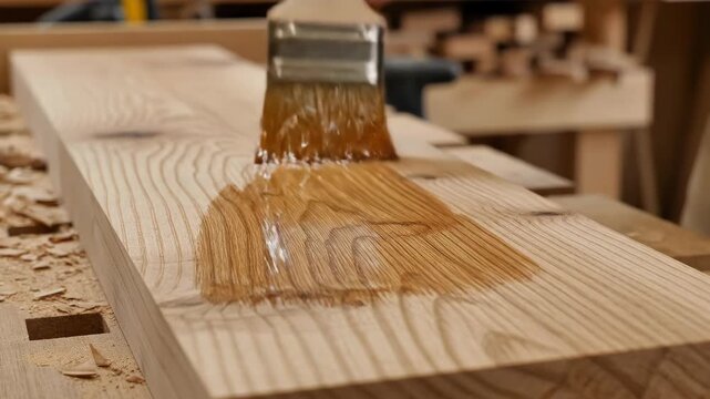 Applying wood finish with a paintbrush. Close-up of a hand varnishing a wooden plank, enhancing the natural grain. Woodworking and carpentry craft