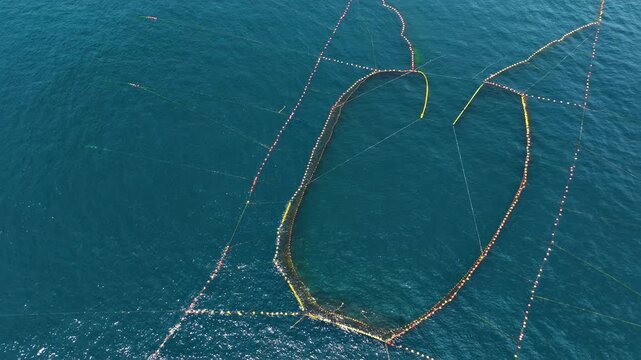 Aerial of a permanent fish nets off the coast of Taiwan.