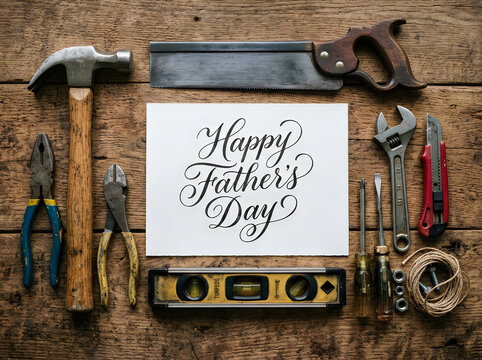 Happy father's day with tools arrangement on rustic wood background