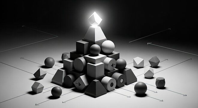 Balanced stack of 3D geometric shapes with glowing top light.