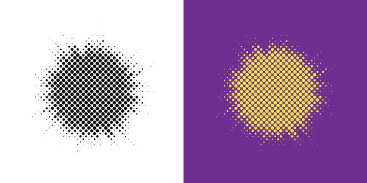 Set of black halftone grunge circles with modern dot textures. Halftone round frames borders featuring random dotted patterns, distressed circular stains, and monochrome vector illustration element.