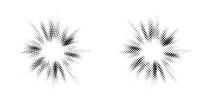 Set of black halftone grunge circles with modern dotted textures. Halftone frame backgrounds, round border elements, random dot patterns, and distressed circular stains. Vector illustration.